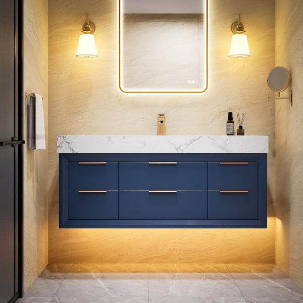 ExBrite MarbleLux 48 in. W x 20.8 in. D x 21.2 in. H Floating Bathroom Vanity with 1-Sink in Blue with White Marble Top