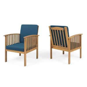 2-Piece Brown Acacia Wood Outdoor Lounge Chairs with Dark Teal Cushions