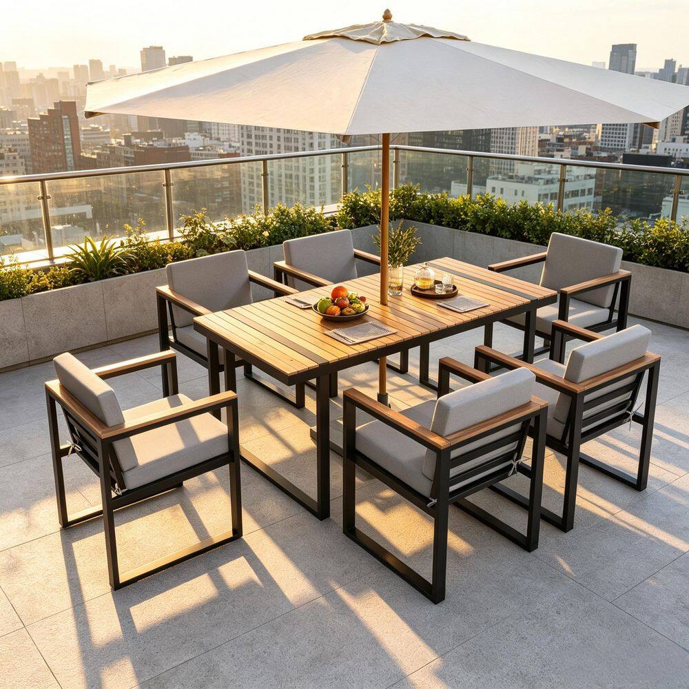 Brown 7-Piece Wood Outdoor Dining Set with Gray Cushion and Umbrella Hole for Patio, Backyard, Garden