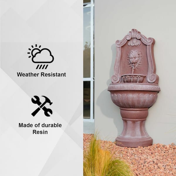 52.4 in. Sandstone Lion Head Floor Fountain, 2-Tier Outdoor Water Feature, Durable Resin Construction