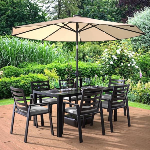Leisuremod Chelsea Mid-Century Modern 7-Piece Outdoor Dining Set in Black Aluminum with Removable Light Grey Cushions