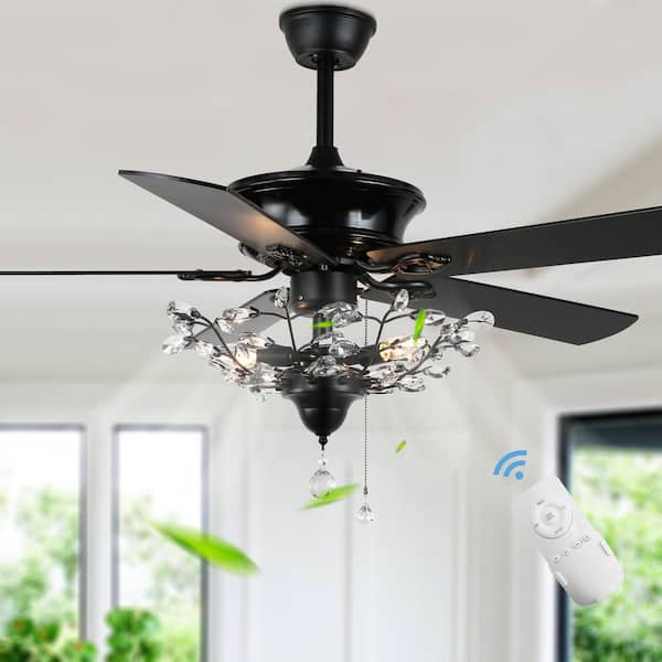 Luminelle 52 in. Indoor Black Luxurious Crystal Ceiling Fan with Light Kit and Remote Control