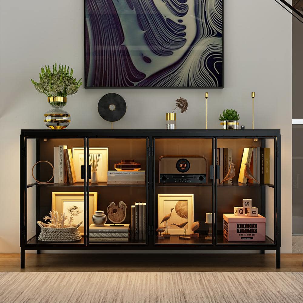 FUFU GAGA Black Wood 55.1 in. W Glass Door Display Cabinets Sideboard With Lights KF170342 01 The Home Depot