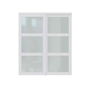 72 in. x 80 in. 3-Lites White Frosted Glass MDF Finished Closet Sliding Door with Hardware Kit