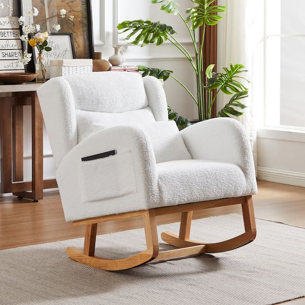 27.2 in. Ivory Modern High-Back Fabric Rocking Chair w/ Side Pockets Foam Cushion and Wood Legs for Living Room, Bedroom