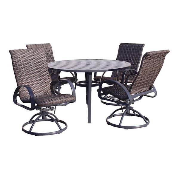 Courtyard Casual 5-Piece Santa Fe Dark Gray Wicker Round Outdoor Dining Set with 4 Swivel Rockers