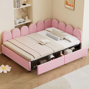 Pink Full Size Wood and Metal Frame Velvet Daybed with 2 Drawers and Petaloid Backrest