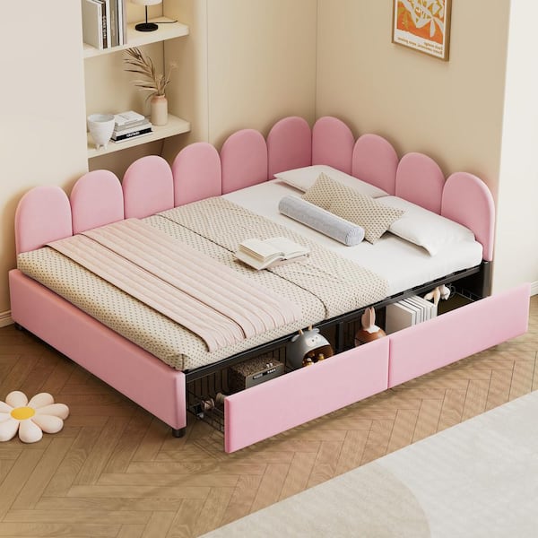 Harper & Bright Designs Pink Full Size Wood and Metal Frame Velvet Daybed with 2 Drawers and Petaloid Backrest