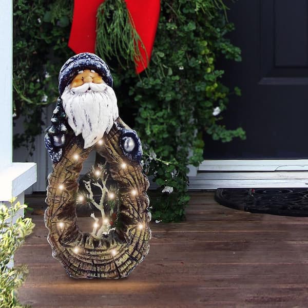 Alpine Corporation Santa Statue with Carved Wood Look and LED Lights | MZP480