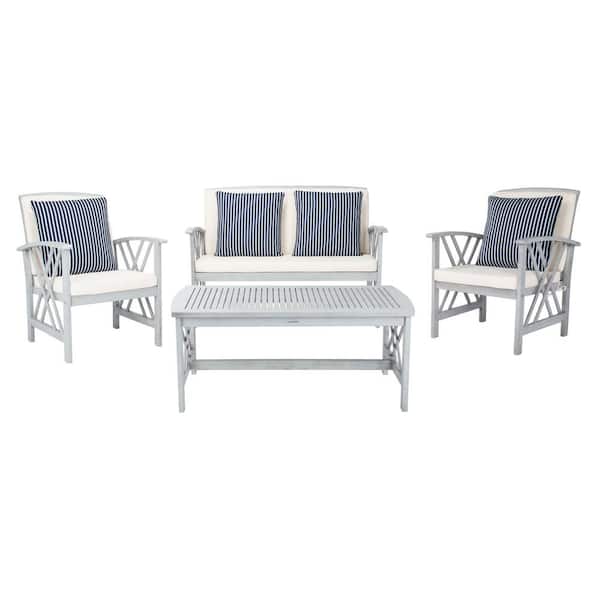 SAFAVIEH Fontana Gray 4-Piece Wood Patio Conversation Set with Beige Cushions