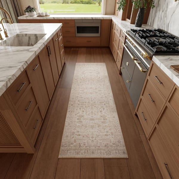 Vintage Washables Beige 2 ft. x 8 ft. Medallion Traditional Runner Area Rug