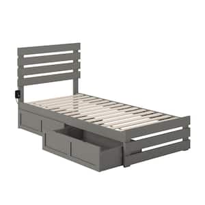 Oxford Grey Twin Extra Long Solid Wood Storage Platform Bed w/ Footboard and USB Turbo Charger with 2 Extra Long Drawers
