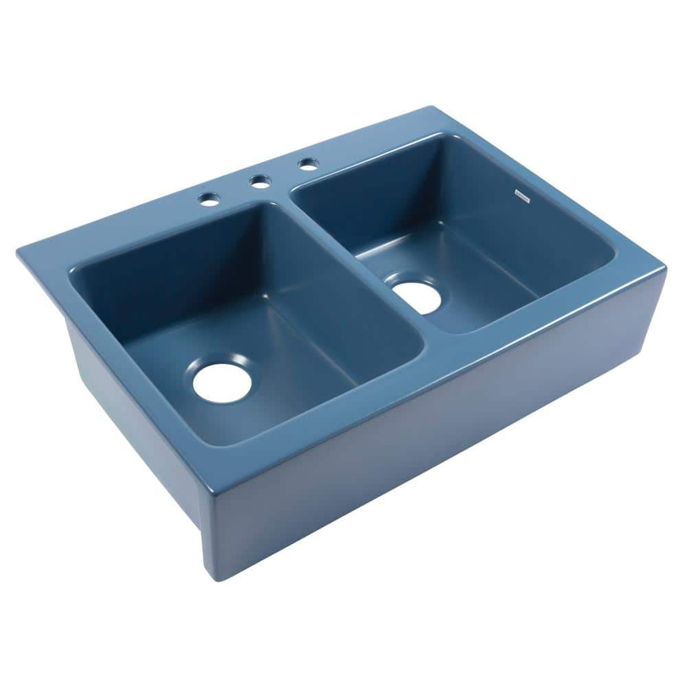 SINKOLOGY Josephine 34 In 3 Hole Quick Fit Drop In Farmhouse Double   Matte Blue Sinkology Farmhouse Kitchen Sinks Sk453 34fc Mbu 64 1000 