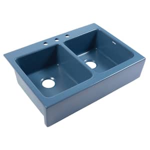 Josephine Oceanside Matte Blue Fireclay 33.85 in. 3-Hole Double Bowl Quick-Fit Drop-In Farmhouse Kitchen Sink