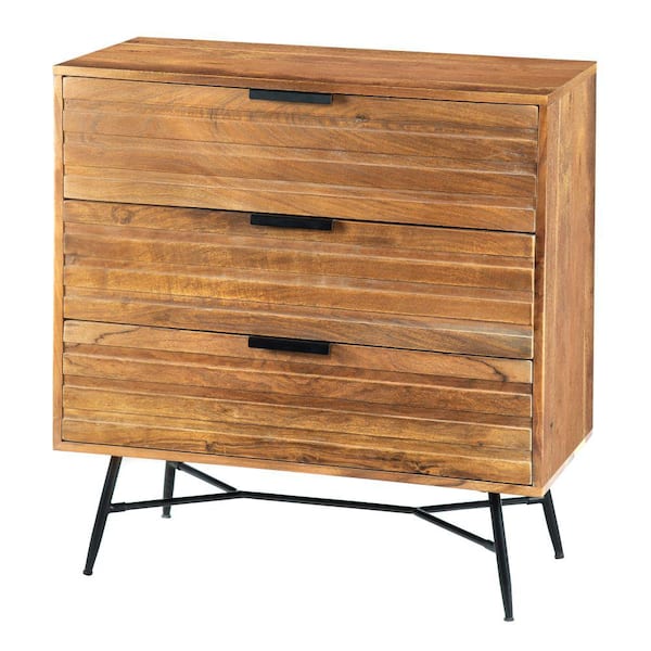 THE URBAN PORT Brown and Black 3-Drawer Wooden Chest with Slanted Metal ...