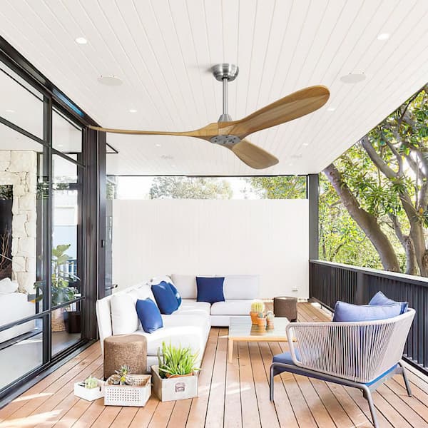 60 in. Outdoor Brushed Nickel Ceiling Fan with 3 Solid Wood Blades, Remote Control and Reversible DC Motor Downrod Mount