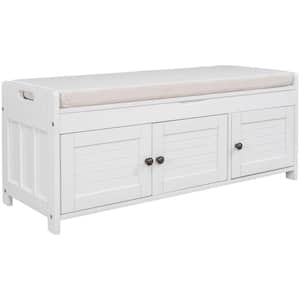 43.5 in. W x 16 in. D x 18 in. H White Storage Bench Linen Cabinet with 3-Doors and Adjustable Shelf