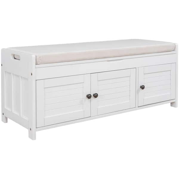 43.5 in. W x 16 in. D x 18 in. H White Storage Bench Linen Cabinet with ...