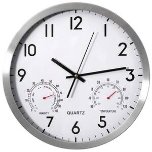 14 in. Non-Ticking Silver Wall Clock with Thermometer, Hygrometer Battery Operated Aluminum Analog Temperature, Humidity