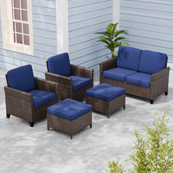 5-Piece Mix Brown Wicker Patio Conversation Set Wide Armrest Loveseat Sofa Seating Set with Blue Cushions, Ottomans