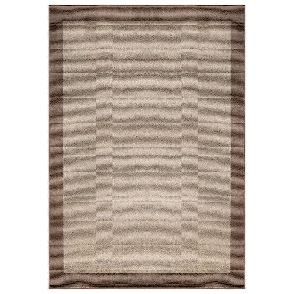 Modern Geometric Stripe Bordered Area Rug for Living Room, Bedroom, or Entryway 5 in. x 7 in. Beige
