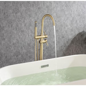 High Arc Swivel Spout Singe-Handle Floor Mount Freestanding Bathtub Faucet Filer with Hand Shower in Brushed Gold