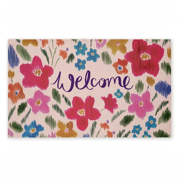 Welcome Ikat Flowers Pink 18 in. x 30 in. Polyester Non-Slip Outdoor Door Mat