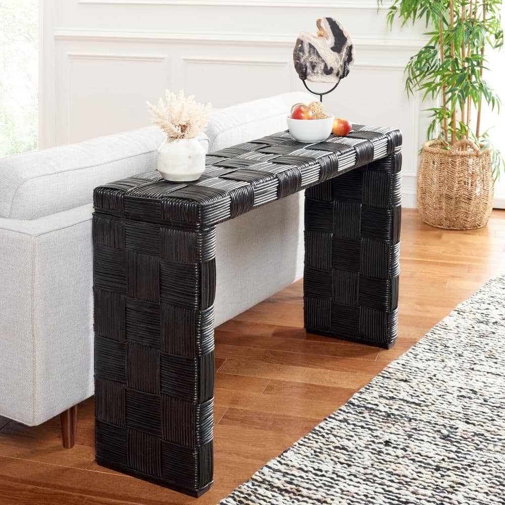 SAFAVIEH Adkin 17.7 in. Black/Rattan Rectangle Wood Console Table ...