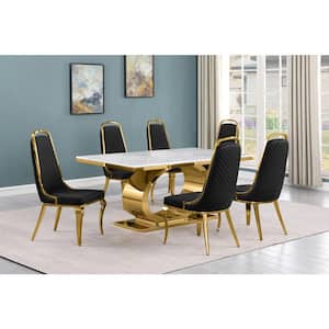 Ibraim 7-Piece Rectangle White Marble Top Gold Stainless Steel Dining Set With 6-Black Velvet Gold Chrome Iron Chair