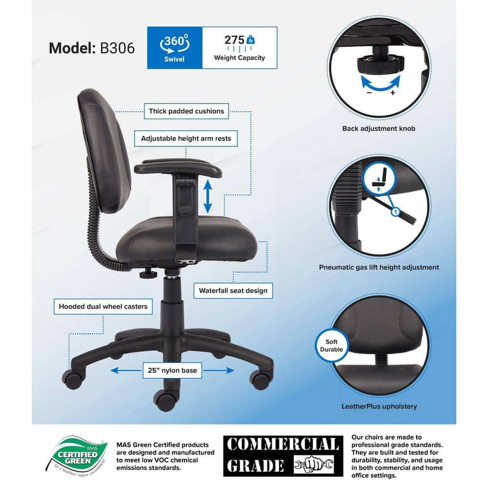 Ergonomic Black Leather Task Chair with Adjustable Arms