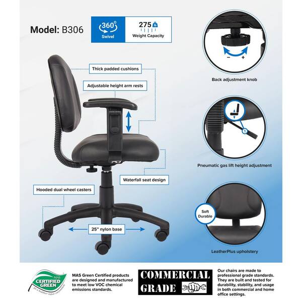 Boss Office Products Black Contemporary Ergonomic Adjustable Height Swivel  Upholstered Task Chair