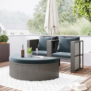 3-Piece Wicker Outdoor Sectional Set with Gray Blue Cushions
