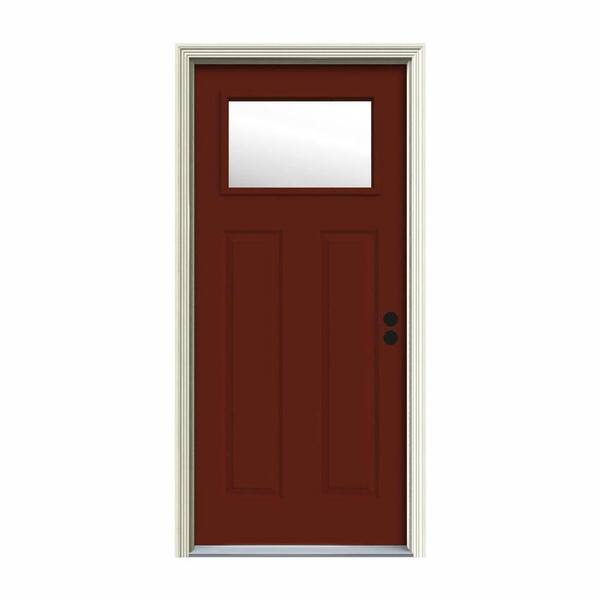 JELD-WEN 34 in. x 80 in. 1 Lite Craftsman Mesa Red Painted Steel Prehung Left-Hand Inswing Front Door w/Brickmould
