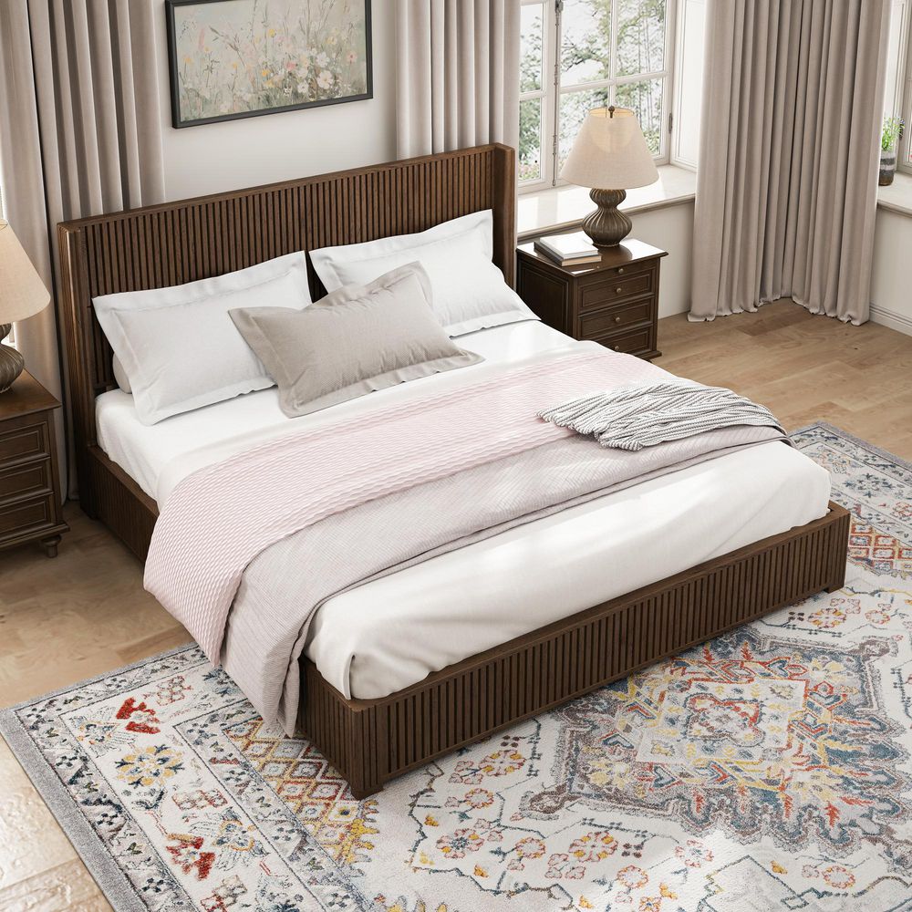 Merrick Country Rustic Walnut(Brown) Finish Wood Frame King Platform Bed with Vertical Wood Grain Wingback Headboard