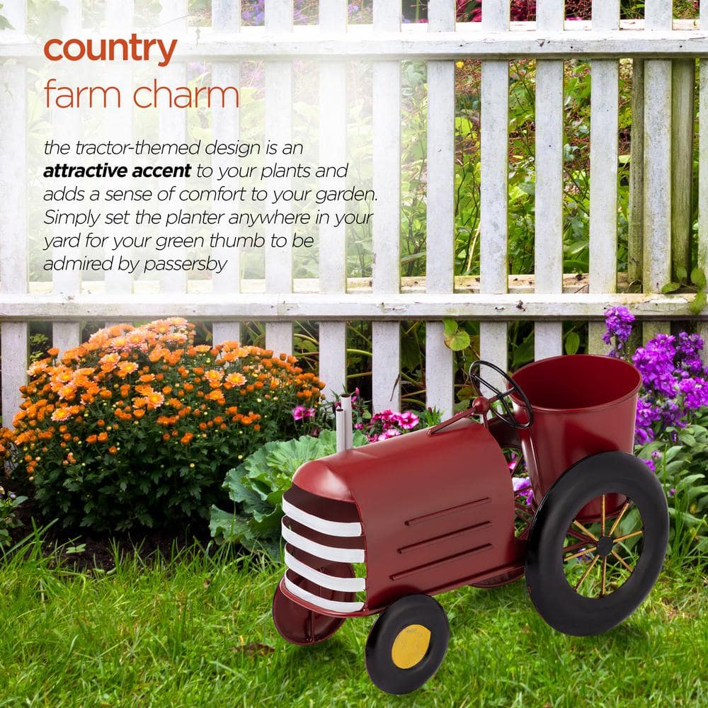 Red Metal Tractor Planter with Stand for Indoor/Outdoor Use
