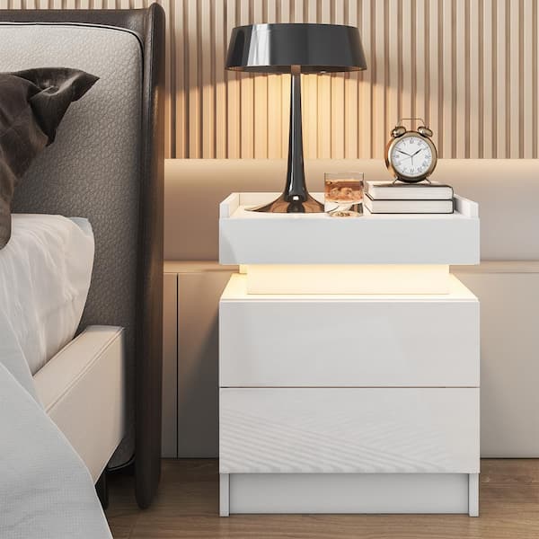 Hommpa LED 2-Drawer White Top Edge Nightstand 21.5 in. H x 17.7 in 