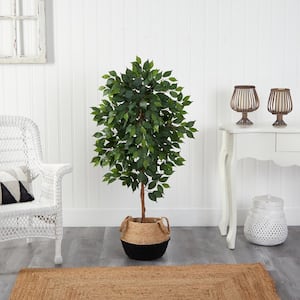 4 ft. Green Ficus Artificial Tree in Boho Chic Handmade Cotton and Jute Black Woven Planter