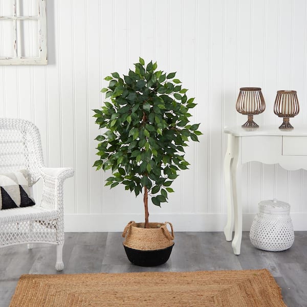 Nearly Natural 4 ft. Green Ficus Artificial Tree in Boho Chic Handmade Cotton and Jute Black Woven Planter