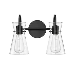 Camellia 13.4 in. 2-Light Matte Black Vanity-Light with Clear Shade