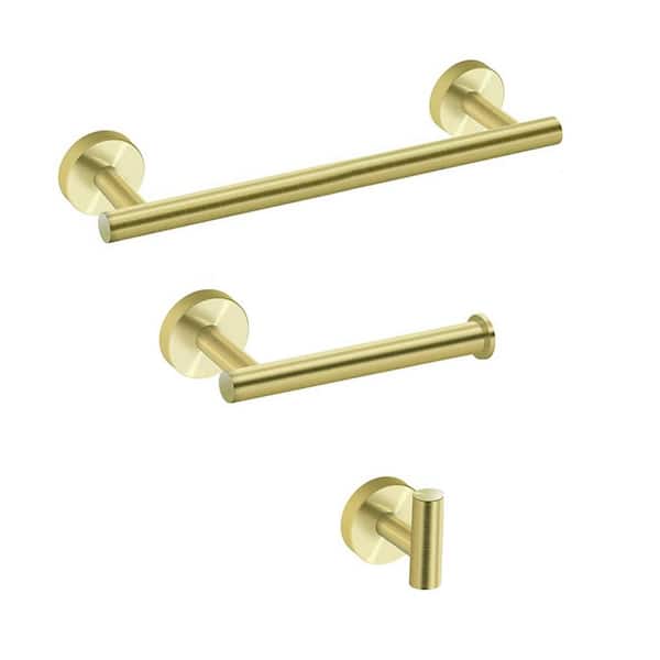 Zalerock Modern 3-Piece Bath Hardware Set with Towel Rail x 1, Paper Towel Rack x 1, Hook x 1 in Gold