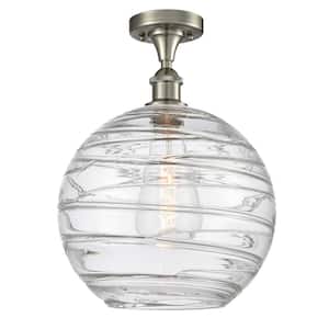 Athens Deco Swirl 12 in. 1-Light Brushed Satin Nickel Semi-Flush Mount with Clear Deco Swirl Glass Shade