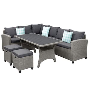 Max Gray 5-Piece Wicker Outdoor Sectional Sofa and Dining Table Set with Gray Cushions