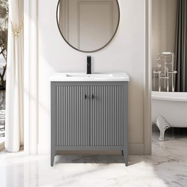 Vanity Art 30 in. W x 18.5 in. D x 34 in. H Single Sink Linear Gray Bath Vanity Cabinet with White Ceramic Top