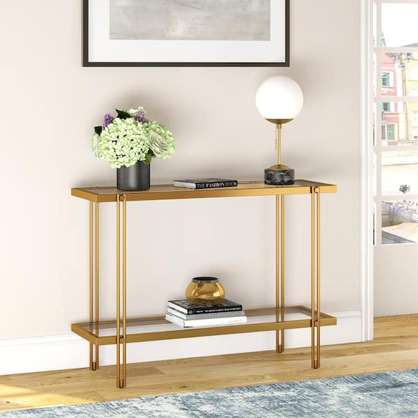 Meyer&Cross Inez 42 in. Brass/Clear Standard Rectangle Glass Console Table with Storage