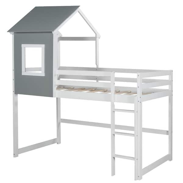 aisword Gray White Twin Size Loft Bed with Roof House Bed