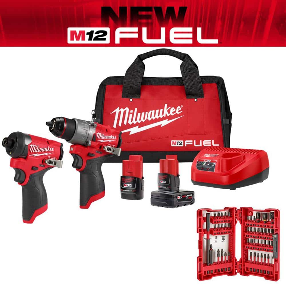 Milwaukee M12 FUEL 12-Volt Lithium-Ion Brushless Cordless Hammer Drill & Impact Driver Combo Kit (2-Tool) with Bit Set (45-Piece) -  3497-22-4023