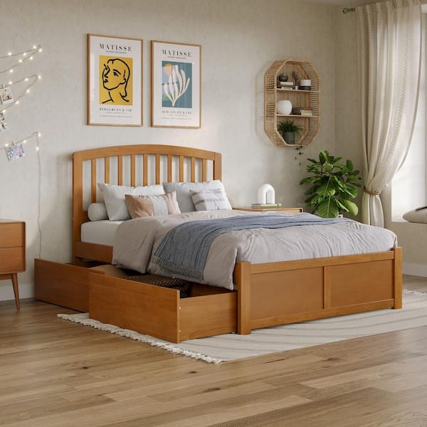 Richmond Light Toffee Natural Bronze Solid Wood Frame Full Platform Bed with Footboard and Storage Drawers