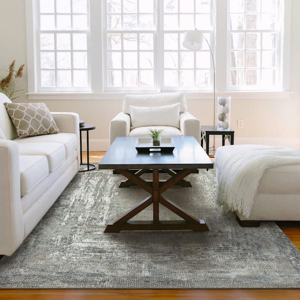 Amaya Bordered Abstract Greige Washable Rug 6 ft. x 9 ft. Area Rug