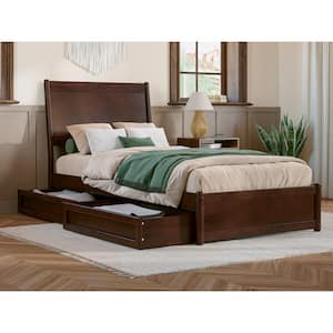 Casanova Walnut Brown Solid Wood Frame Twin XL Platform Bed with Panel Footboard and Storage Drawers