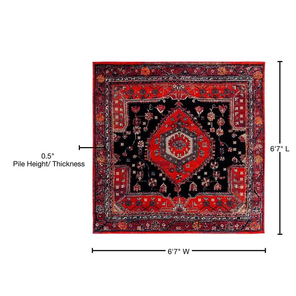 Vintage Black and Red Square Synthetic Area Rug